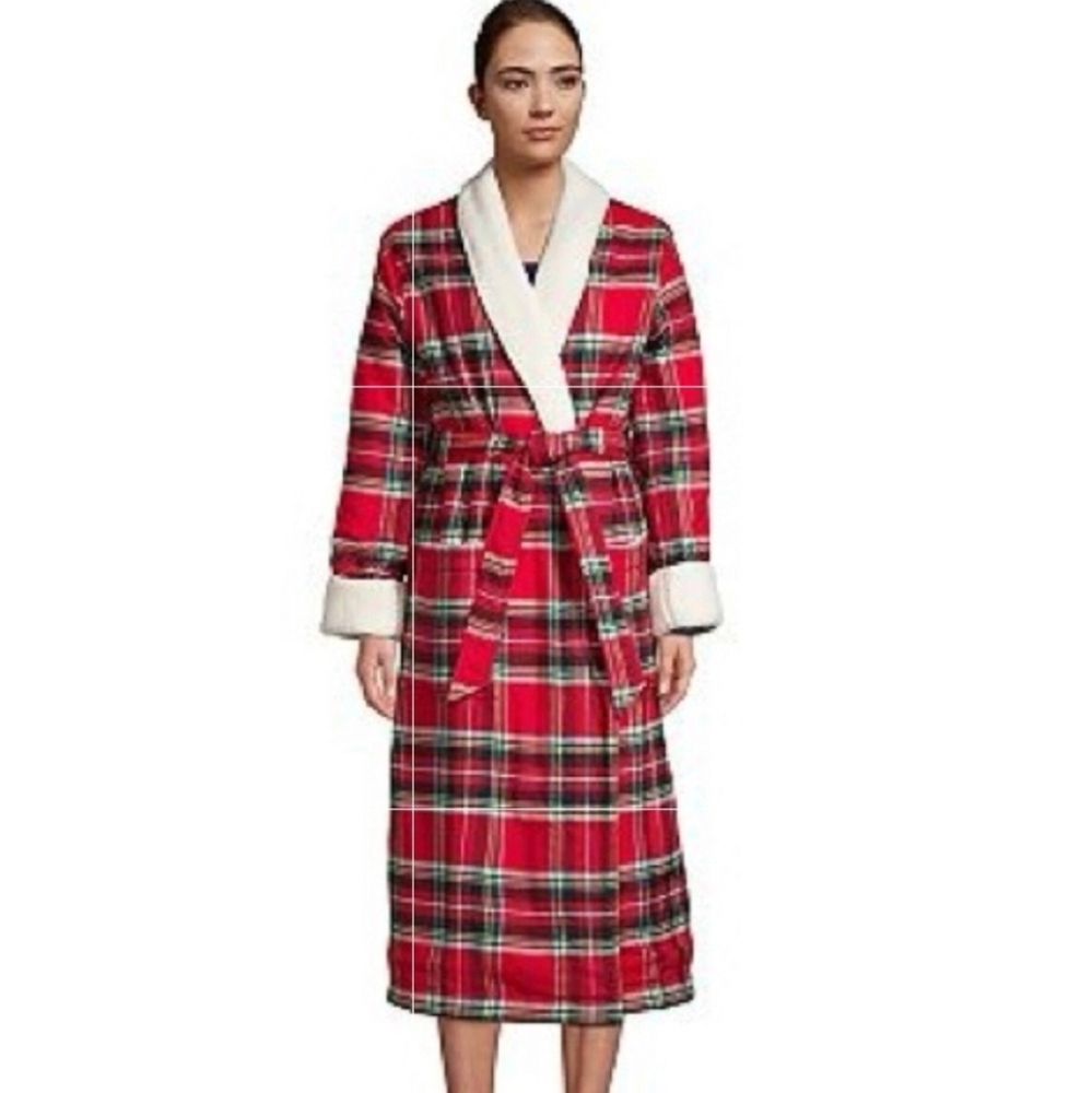 Lands' End Sherpa Red Plaid Women's Robe Size XS/S
